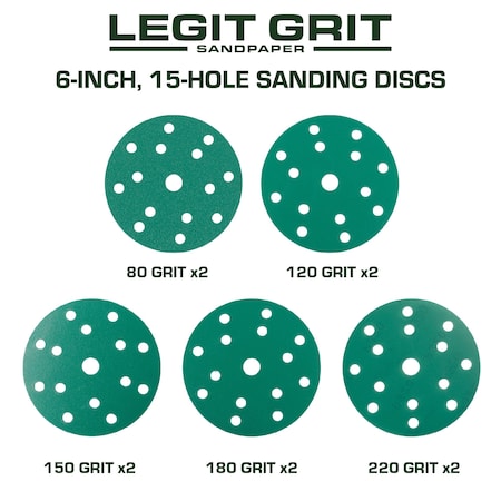Legit Grit 6 inch Sand paper Disc, 15-Hole, Mixed Grit - Sample, GRITS: 80/120/150/180/220 2 of each, 10PK LG6-15SAMP1-10
